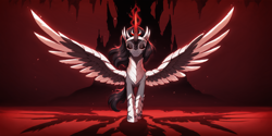 Size: 2400x1200 | Tagged: safe, ai content, derpibooru import, machine learning generated, king sombra, queen umbra, alicorn, pony, g4, alicornified, black eyeshadow, eyes closed, eyeshadow, female, glowing, glowing horn, horn, makeup, mare, prompter:greesys, race swap, rule 63, solo, sombracorn, spread wings, wings