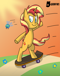 Size: 1611x2033 | Tagged: safe, artist:gradiusfanatic, derpibooru import, sunset shimmer, parasprite, pony, unicorn, bipedal, female, flower, horn, outdoors, skate, skateboard, skateboarding, solo, spring