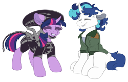 Size: 4000x2565 | Tagged: safe, artist:avery-valentine, derpibooru import, shining armor, twilight sparkle, pony, unicorn, alien (franchise), clothes, costume, duo, duo male and female, female, horn, male, simple background, transparent background