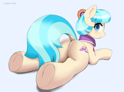 Size: 2808x2096 | Tagged: safe, artist:vinilyart, derpibooru import, coco pommel, earth pony, pony, butt, dock, female, lying down, mare, plot, prone, solo, tail, underhoof