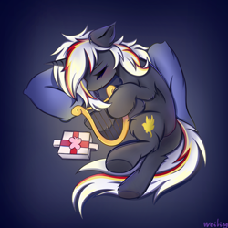 Size: 2048x2048 | Tagged: safe, artist:weiling, derpibooru import, oc, oc only, oc:velvet remedy, pony, unicorn, fallout equestria, bag, blushing, cute, ears, eyes closed, female, female oc, floppy ears, harp, horn, lying down, mare, mare oc, medical saddlebag, musical instrument, on side, simple background, unicorn oc