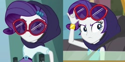 Size: 1280x642 | Tagged: safe, derpibooru import, screencap, rarity, human, better together, dance magic, equestria girls, fomo, g4, comparison, equestria girls specials, female, hood, seatbelt, sunglasses, sunglasses on head