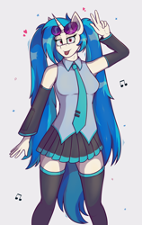 Size: 2010x3190 | Tagged: safe, artist:marusya, derpibooru import, dj pon-3, vinyl scratch, anthro, unicorn, g4, :p, clothes, cosplay, costume, ear fluff, ears, female, hatsune miku, horn, music notes, pigtails, simple background, solo, sunglasses, sunglasses on head, tongue, tongue out, twintails, vocaloid