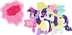 Size: 8000x3936 | Tagged: safe, artist:twilirity, derpibooru import, rarity, twilight sparkle, unicorn twilight, pony, unicorn, g4, absurd resolution, birthday dress, bouquet, clothes, dress, female, flower, lesbian, letter, magic, mare, rarilight, shipping, simple background, transparent background, vector