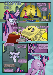 Size: 1920x2715 | Tagged: safe, artist:alexdti, artist:v-nico, derpibooru import, twilight sparkle, pony, comic:alicorn of magic, alternate cutie mark, alternate hairstyle, book, butt, flower, glasses, magic, plot, solo