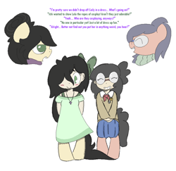 Size: 1754x1707 | Tagged: safe, artist:castafae, derpibooru import, oc, oc only, oc:ceiling fan, oc:floor bored, oc:ichi, oc:taku, earth pony, hybrid, pony, satyr, ascot, blushing, bow, braces, clothes, crossdressing, dialogue, dork, dress, female, glasses, hair bow, hair bun, hair over one eye, jewelry, long tail, male, mother and child, mother and daughter, necklace, nervous, nervous smile, older, parent and child, parent:oc:anon, parent:oc:floor bored, parent:oc:taku, pin, ponytail, simple background, skirt, smiling, tail, white background