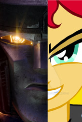 Size: 1019x1500 | Tagged: safe, derpibooru import, edit, edited screencap, screencap, sunset shimmer, human, robot, equestria girls, g4, clash of hasbro's titans, cybertronian, d-16, female, grin, male, megatron, photo, smiling, transformers, transformers one, two sided posters, two sides