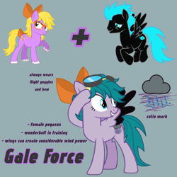 Size: 1280x1280 | Tagged: safe, artist:lucky bolt, artist:pegasski, derpibooru import, oc, oc only, oc:cyclone storm, oc:gale force, oc:misty breeze, earth pony, pegasus, pony, base used, bow, colored wings, cutie mark, feathered fetlocks, female, fusion, glasses, goggles, hair bow, male, next generation, oc x oc, pegasus oc, raised hoof, raised leg, reference sheet, shipping, tail, tail bow, two toned wings, wings