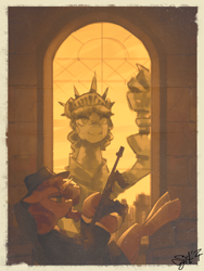 Size: 1500x2000 | Tagged: safe, alternate version, artist:egil, derpibooru import, sunset shimmer, pony, unicorn, clothes, fedora, female, gun, hat, horn, mafia, manehattan, mare, sitting, solo, statue of friendship, statue of liberty, submachinegun, suit, tommy gun, vintage, weapon, window