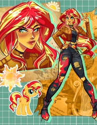 Size: 1406x1800 | Tagged: safe, artist:callimara, derpibooru import, sunset shimmer, unicorn, equestria girls, g4, boots, chains, clothes, collage, horn, jacket, shoes, solo