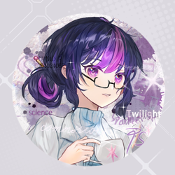 Size: 1000x1000 | Tagged: safe, artist:tang403339, derpibooru import, sci-twi, twilight sparkle, human, bust, cup, glasses, gray background, hairpin, humanized, portrait, simple background, solo, sparkles, text