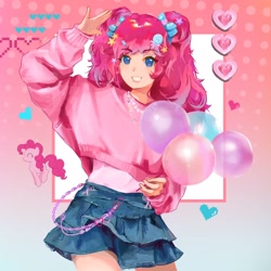 Size: 1902x1902 | Tagged: safe, alternate version, artist:claritas莱卡, derpibooru import, pinkie pie, human, balloon, chains, clothes, gradient background, grin, heart, humanized, looking at you, pink background, simple background, skirt, smiling, square background, sweater