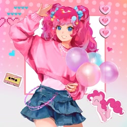 Size: 1902x1903 | Tagged: safe, alternate version, artist:claritas莱卡, derpibooru import, pinkie pie, human, balloon, chains, clothes, compact cassette, gradient background, grin, heart, humanized, looking at you, pink background, simple background, skirt, smiling, square background, sweater