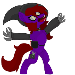 Size: 1280x1280 | Tagged: safe, artist:silverfishv9, derpibooru import, oc, oc only, oc:cackle crane (solredrose), demon, demon pony, earth pony, pony, arm warmers, bag, bipedal, book, claws, clothes, collar, dark sclera, earth pony oc, fangs, hat, purple coat, red mane, saddle bag, simple background, solo, transparent background, witch, witch hat