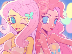 Size: 3234x2421 | Tagged: safe, artist:nimingxiwang168, derpibooru import, fluttershy, pinkie pie, human, equestria girls, g4, :p, ;p, duo, duo female, female, humanized, looking at you, one eye closed, smiling, tongue, tongue out, wink