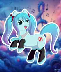 Size: 2480x2953 | Tagged: safe, artist:lurfy, derpibooru import, earth pony, pony, clothes, female, hatsune miku, high res, leg warmers, looking at you, mare, necktie, open mouth, open smile, outline, pigtails, ponified, signature, smiling, solo, species swap, twintails, vocaloid, white outline