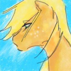 Size: 1024x1024 | Tagged: safe, artist:qi66744749, derpibooru import, applejack, earth pony, pony, g4, blonde, blonde mane, blue background, bust, green eyes, orange coat, portrait, side view, simple background, solo