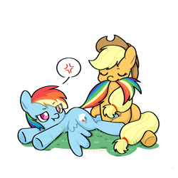 Size: 1000x1000 | Tagged: safe, artist:candywang12648, derpibooru import, applejack, fluttershy, rainbow dash, earth pony, pegasus, pony, appledash, biting, cute, dashabetes, duo, duo female, eyes closed, female, grass, grumpy, jackabetes, lesbian, lying down, mare, prone, shipping, simple background, tail, tail bite, white background