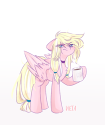 Size: 3000x3565 | Tagged: safe, artist:vieta, derpibooru import, oc, oc only, oc:leaenala, pegasus, pony, angry, blonde, blonde hair, blonde tail, blue eyes, choker, collar, cup, ear piercing, earring, eye clipping through hair, eyebrows visible through hair, eyelashes, feathered wings, female, fluffy hair, fluffy mane, fluffy tail, folded wings, full body, hair ribbon, jewelry, long eyelashes, long hair, looking sideways, mare, multicolored hair, multicolored mane, multicolored tail, pegasus oc, pegasus wings, piercing, pigtails, pink coat, ponytail, raised eyebrows, ribbon, side view, signature, simple background, sleepy, solo, standing, striped hair, striped mane, striped tail, tail, two toned hair, two toned mane, two toned tail, white background, white hair, white tail, wings