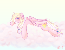 Size: 3000x2320 | Tagged: safe, artist:vieta, derpibooru import, oc, oc only, oc:leaenala, pegasus, pony, blonde, blonde hair, blonde tail, blue eyes, cloud, ear piercing, earring, eye clipping through hair, eyebrows, eyebrows visible through hair, eyelashes, feathered wings, female, fluffy hair, fluffy mane, fluffy tail, folded wings, full body, hair ribbon, jewelry, long eyelashes, long hair, looking at you, lying down, mare, multicolored hair, multicolored mane, multicolored tail, pegasus oc, pegasus wings, piercing, pigtails, pink coat, ponytail, raised eyebrows, ribbon, side view, signature, simple background, smiling, smiling at you, solo, striped hair, striped mane, striped tail, tail, two toned hair, two toned mane, two toned tail, white hair, white tail, wings