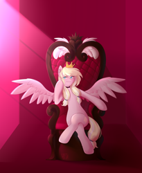 Size: 2957x3600 | Tagged: safe, artist:vieta, derpibooru import, oc, oc only, oc:leaenala, pegasus, pony, blonde, blonde hair, blonde tail, blue eyes, choker, collar, crossed legs, crown, ear piercing, earring, eye clipping through hair, eyebrows, eyebrows visible through hair, eyelashes, feathered wings, female, fluffy hair, fluffy mane, fluffy tail, full body, hair ribbon, jewelry, long eyelashes, long hair, looking at you, mare, multicolored hair, multicolored mane, multicolored tail, pegasus oc, pegasus wings, piercing, pigtails, pink coat, ponytail, pose, raised eyebrows, regalia, ribbon, signature, smiling, smirk, solo, spread wings, striped hair, striped mane, striped tail, tail, throne, two toned hair, two toned mane, two toned tail, white hair, white tail, wings