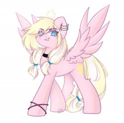 Size: 2179x2160 | Tagged: safe, artist:vieta, derpibooru import, oc, oc only, oc:leaenala, pegasus, pony, blonde, blonde hair, blonde tail, blue eyes, bracelet, choker, clothes, collar, crossed legs, crown, ear piercing, earring, eye clipping through hair, eyelashes, feathered wings, female, fluffy hair, fluffy mane, fluffy tail, footless stockings, full body, hair ribbon, jewelry, long hair, looking at you, mare, multicolored hair, multicolored mane, multicolored tail, pegasus oc, pegasus wings, piercing, pigtails, pink coat, ponytail, regalia, ribbon, signature, simple background, smiling, smiling at you, smirk, socks, solo, spread wings, standing, striped hair, striped mane, striped tail, tail, two toned hair, two toned mane, two toned tail, white background, white hair, white tail, wings