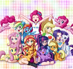 Size: 4699x4430 | Tagged: safe, artist:uotapo, color edit, derpibooru import, edit, editor:overlord 2, applejack, fluttershy, pinkie pie, rainbow dash, rarity, sci-twi, sunset shimmer, twilight sparkle, earth pony, human, pegasus, unicorn, equestria girls, g4, horn, light skin, skin color edit