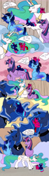 Size: 2794x10000 | Tagged: safe, derpibooru import, princess celestia, princess luna, twilight sparkle, oc, oc:blue thunder, alicorn, pony, baby, baby pony, canon x oc, female, foal, male, prince, princess, shipping, straight, thundersparkle