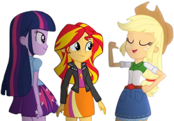 Size: 3631x2520 | Tagged: safe, derpibooru import, edit, edited screencap, editor:homersimpson1983, screencap, applejack, sunset shimmer, twilight sparkle, human, equestria girls, g4, background removed, female, needs more jpeg, not a vector, trio, trio female