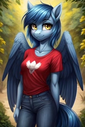 Size: 512x768 | Tagged: source needed, safe, ai content, derpibooru import, machine learning generated, oc, oc only, oc:pixi feather, anthro, pegasus, clothes, denim, looking at you, outdoors, partially open wings, pegasus oc, prompter needed, shirt, smiling, t-shirt, tree, wings