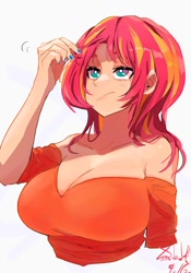 Size: 1400x2000 | Tagged: safe, artist:sozglitch, derpibooru import, sunset shimmer, human, g4, :/, big breasts, breasts, cleavage, clothes, huge breasts, nail polish, redhead, sunset jiggler, teal eyes