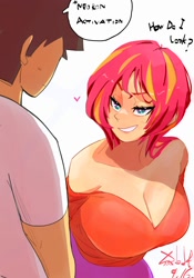 Size: 1400x2000 | Tagged: safe, artist:sozglitch, derpibooru import, sunset shimmer, oc, oc:anon, human, g4, big breasts, breasts, cleavage, clothes, grin, huge breasts, neuron activation, redhead, smiling, sunset jiggler, teal eyes