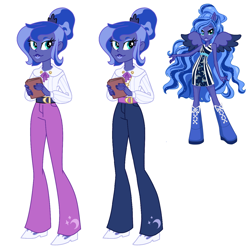 Size: 1280x1280 | Tagged: safe, artist:dazzle, derpibooru import, princess luna, vice principal luna, equestria girls, g4, accessory, belt, black nail polish, blue eyeshadow, bun hairstyle, clothes, colored wings, concept, dress, eyeshadow, hair bun, lips, makeup, ponied up, pony coloring, shoulderless, simple background, spread wings, starry hair, striped dress, two toned wings, waifu material, wavy hair, white background, wings, zebra dress