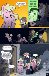 Size: 2480x3794 | Tagged: safe, artist:php104, derpibooru import, oc, oc only, oc:calamity, oc:littlepip, oc:pinkie bell, oc:silver bell, oc:velvet remedy, pegasus, pony, unicorn, fallout equestria, g4, ammunition, armor, bag, barrel, battle saddle, bottle, clothes, comic, confetti, detailed background, door, dress, fanfic art, female, filly, flying, foal, gun, handgun, horn, jumping, jumpsuit, little macintosh, medical saddlebag, night, pickaxe, pipbuck, revolver, rock farm, shrug, sitting, smiling, smoke, speech bubble, vault suit, walking, weapon, wings