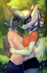 Size: 1390x2160 | Tagged: safe, artist:elektra-gertly, derpibooru import, oc, oc:maxi, oc:pixi feather, anthro, pegasus, belly, belly button, breasts, clothes, female, hug, midriff, outdoors, siblings, sisters, smiling, tree, wings