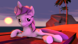 Size: 1280x720 | Tagged: safe, artist:daxterdash, derpibooru import, oc, oc only, oc:sweetieck dreams, pony, unicorn, g4, 3d, beach, beautiful, chair, cute, daaaaaaaaaaaw, desk, female, filly, foal, horn, mare, not sweetie belle, ocbetes, outdoors, solo, source filmmaker, telling lies, unicorn horn, vibing