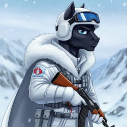 Size: 1024x1024 | Tagged: safe, ai content, derpibooru import, machine learning generated, anthro, earth pony, ak, ak-47, assault rifle, cape, clothes, cobra the enemy, cosplay, costume, fur collar, g.i. joe, generator:google imagen 3.0, goggles, gun, helmet, male, outdoors, prompter:zerowinger, rifle, ski mask, snow, snow serpent, solo, trooper, weapon, winter outfit