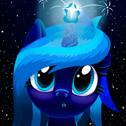 Size: 1894x1894 | Tagged: safe, artist:stellardust, derpibooru import, oc, oc only, oc:stellar dust, pony, unicorn, blushing, bust, female, glowing, glowing horn, horn, horn markings, looking at you, mare, open mouth, portrait, solo, sparkles, stars