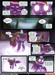 Size: 3541x4846 | Tagged: safe, artist:angusdra, artist:lummh, derpibooru import, princess cadance, princess celestia, alicorn, pony, comic:the princess of love, g4, absurd resolution, blank eyes, blurry background, comic, crown, female, floating, glowing, glowing eyes, glowing horn, hoof shoes, horn, jewelry, magic, mare, necklace, pendant, peytral, princess shoes, prismia, regalia, speech bubble, teen princess cadance, telepathy, thought bubble, wings, younger