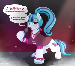 Size: 3390x2985 | Tagged: safe, alternate version, artist:kanaeshka, derpibooru exclusive, derpibooru import, sonata dusk, earth pony, pony, bedroom eyes, blushing, clothes, colored hooves, cute, disguise, disguised siren, dust, ear fluff, ears, earth pony sonata dusk, equestria girls ponified, fetlock tuft, gem, hooves, jewelry, long tail, looking at you, magnetic hooves, microphone, necklace, open mouth, open smile, ponified, ponytail, rainbow rocks 10th anniversary, singer, singing, siren gem, smiling, smiling at you, smoke, solo, sparkly eyes, species swap, speech bubble, spiked wristband, tail, talking to viewer, under our spell, wingding eyes, wristband