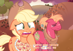 Size: 2360x1640 | Tagged: safe, artist:3ggmilky, derpibooru import, applejack, big macintosh, pony, alternate hairstyle, bandage, bandaged leg, clothes, duo, granny smith's shawl, implied apple bloom, infection au, outdoors, scar, scarf, scarred, teary eyes, torn ear