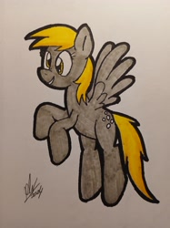 Size: 2048x2731 | Tagged: safe, artist:panoramhusky, derpibooru import, derpy hooves, pegasus, pony, g4, female, smiling, solo, spread wings, traditional art, wings