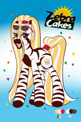 Size: 1365x2048 | Tagged: safe, artist:mscolorsplash, derpibooru import, oc, oc only, oc:zebra cakes, pony, zebra, adoptable, colored pupils, gradient background, hair tie, open mouth, open smile, ponified, smiling, solo, species swap, sunglasses, sunglasses on head, tail tie, zebra cakes, zebra oc