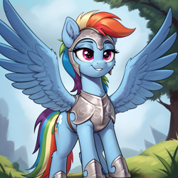 Size: 1024x1024 | Tagged: safe, ai content, derpibooru import, generator:pony diffusion v6 xl, generator:stable diffusion, machine learning generated, rainbow dash, pegasus, pony, g4, armor, breastplate, helmet, outdoors, plate armor, prompter:thelight3d, solo, spread wings, tree, wings