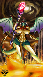 Size: 4320x7680 | Tagged: safe, alternate version, artist:tsaritsaluna, derpibooru import, princess ember, anthro, dragon, g4, armor, bloodstone scepter, breasts, clothes, dragoness, female, lava, lizard breasts, looking at you, princess embreast, solo, wings