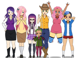 Size: 800x600 | Tagged: safe, artist:lemonjams, derpibooru import, applejack, fluttershy, pinkie pie, rainbow dash, rarity, spike, twilight sparkle, human, g4, arm behind head, belt, blushing, boots, clothes, cowboy boots, denim, dragon wings, female, glasses, grin, hair over one eye, height difference, high heel boots, human spike, humanized, jeans, kisekae, light skin, looking at you, male, mane seven, mane six, necktie, pants, plaid skirt, shirt, shoes, simple background, skirt, smiling, smiling at you, socks, striped socks, suspenders, sweater vest, tan skin, transparent background, winged humanization, winged spike, wings