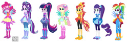 Size: 1280x422 | Tagged: safe, artist:selenaede, artist:xxdavid5000xx, derpibooru import, fluttershy, pinkie pie, rainbow dash, rarity, starlight glimmer, sunset shimmer, twilight sparkle, human, equestria girls, g4, boots, cowboy boots, crystal guardian, high heel boots, humane five, humane seven, humane six, shoes, simple background, solo, white background