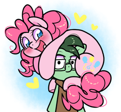 Size: 924x852 | Tagged: safe, artist:paperbagpony, derpibooru import, pinkie pie, oc, oc:dimbulb, glasses, hug, looking at you