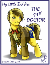 Size: 1024x1326 | Tagged: safe, artist:amelie-ami-chan, derpibooru import, part of a series, part of a set, earth pony, pony, series:my little bad ass, 2011, blazer, bow, bowtie, clothes, deviantart watermark, doctor who, eleventh doctor, looking at you, male, necktie, obtrusive watermark, ponified, signature, simple background, species swap, stallion, tail, tail bow, tweed, tweed blazer, watermark, white background