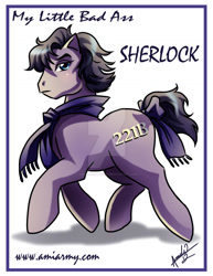 Size: 1024x1326 | Tagged: safe, derpibooru import, part of a series, part of a set, earth pony, pony, series:my little bad ass, 2012, bow, clothes, deviantart watermark, looking at you, male, obtrusive watermark, ponified, scarf, sherlock, signature, simple background, species swap, stallion, tail, tail bow, trotting, unimpressed, watermark, white background